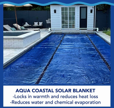 Aqua Coastal 14' x 28' black and blue solar blanket cover, rectangular shape, designed for pool solar heating.