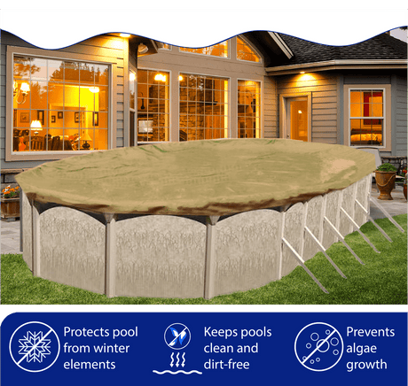 Aqua Coastal 14x28 ft premium tan rectangular winter pool cover lying flat, designed for in-ground pools.