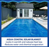Blue 15-foot round above-ground solar blanket by Aqua Coastal, 8 mil thick, designed for pool coverage and heat retention.