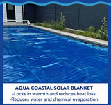 Aqua Coastal 15' x 30' oval Space Age Solar Blanket heat shield covering a pool, designed for solar heating and protection.
