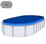 Aqua Coastal 15' x 30' oval Space Age Solar blanket heat shield covering a pool for solar heating and protection.