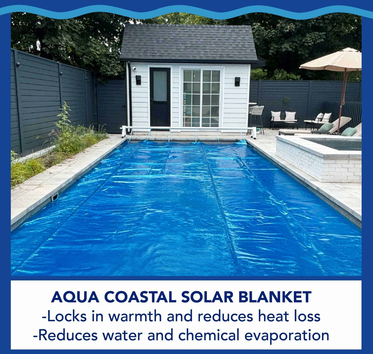 Aqua Coastal 16' x 25' oval blue above-ground solar blanket for pools, made of 8 mil thick material, designed to heat and protect pool water.