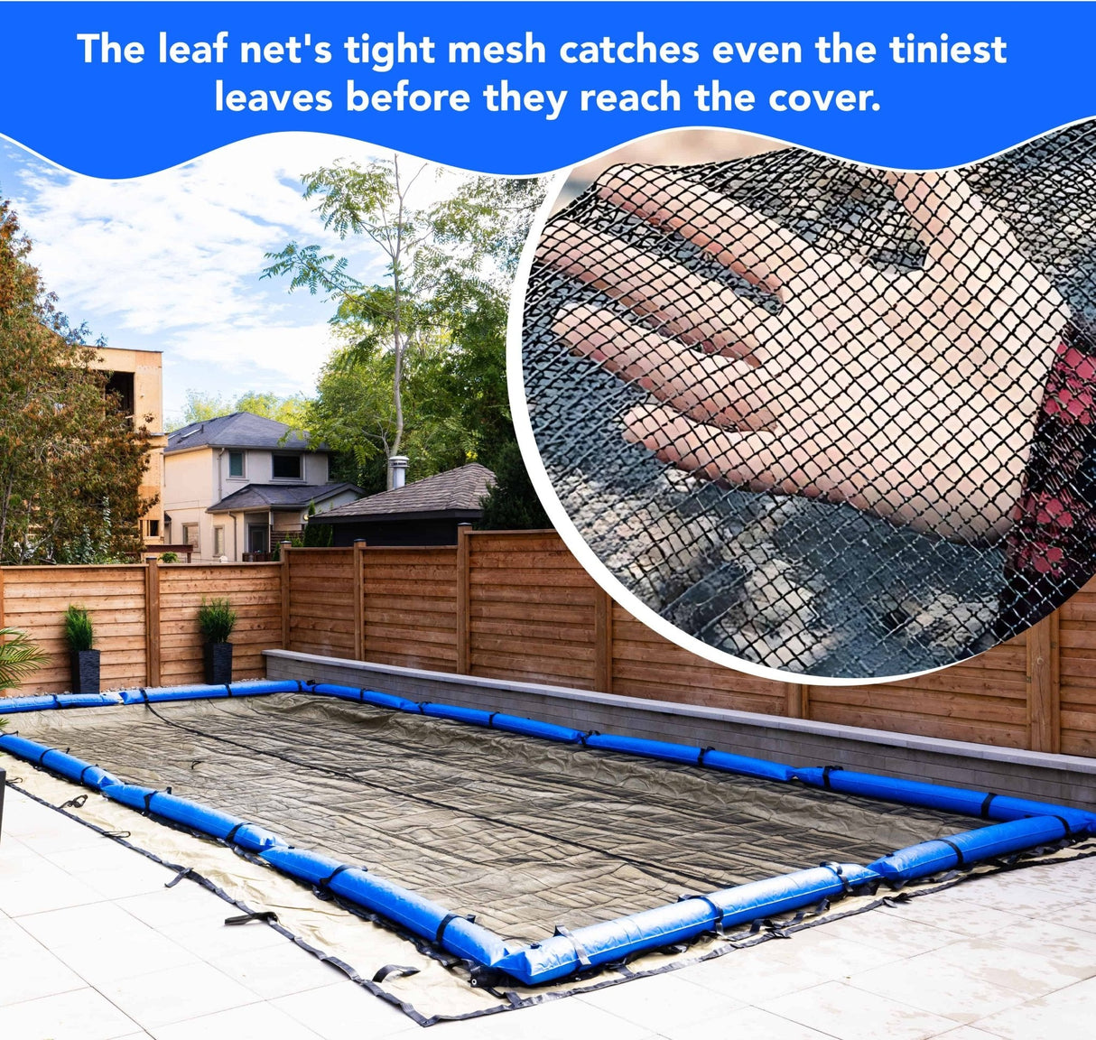 Aqua Coastal 18-foot round leaf net pool cover with mesh design, designed for quick spring cleanup and debris removal from pools.