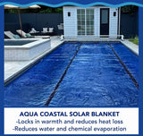 18' round Aqua Coastal black and blue solar pool cover with 8 mil thickness, designed for heat retention and durability.