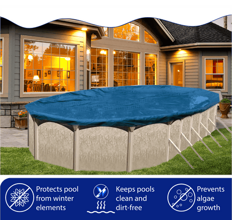 Aqua Coastal 18x36 ft Elite Pro-Shield rectangle winter pool cover on a pool, designed for winter protection and durability