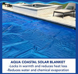 Aqua Coastal 20x40 ft blue solar pool cover blanket, rectangular shape, premium material for heat retention and pool protection.