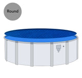 Aqua Coastal 21' round Space Age Solar Blanket heat shield covering a round pool for sun protection and temperature control.