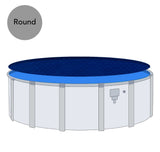 A 21-foot round black and blue Aqua Coastal solar blanket with 8 mil thickness, designed for pool cover use.