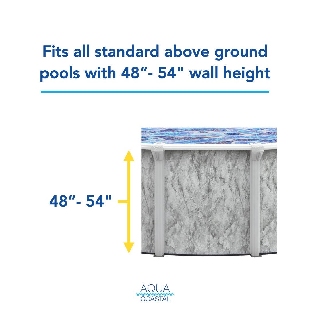 Aqua Coastal 24' Round Aruba above ground pool liner with 52-inch wall, 20 gauge unibead design installed in a backyard pool setting.