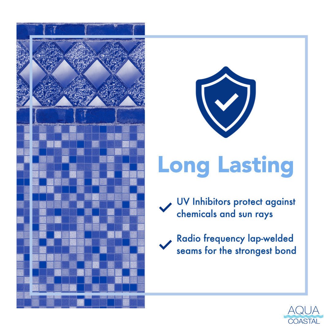 Aqua Coastal 24' Round Aruba Unibead Above Ground Pool Liner with 54-inch wall, 20 gauge thickness and detailed edge design.