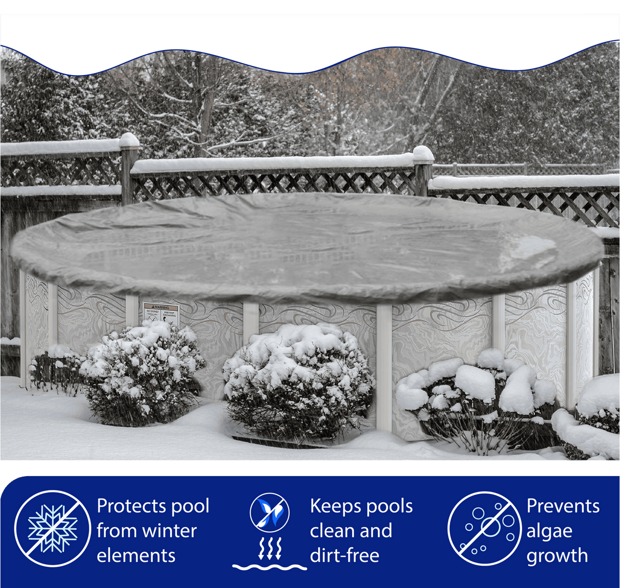 Aqua Coastal 27-inch round Platinum Pro-Shield above ground winter pool cover with heavy-duty material and secure edge binding.