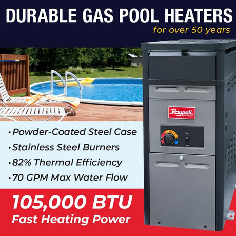 Raypak 150,000 BTU above ground natural gas pool heater, showing the compact unit with control panel for outdoor pool heating.