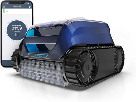 Polaris FREEDOM SC cordless robotic pool cleaner with WiFi connectivity, shown in action in a swimming pool.