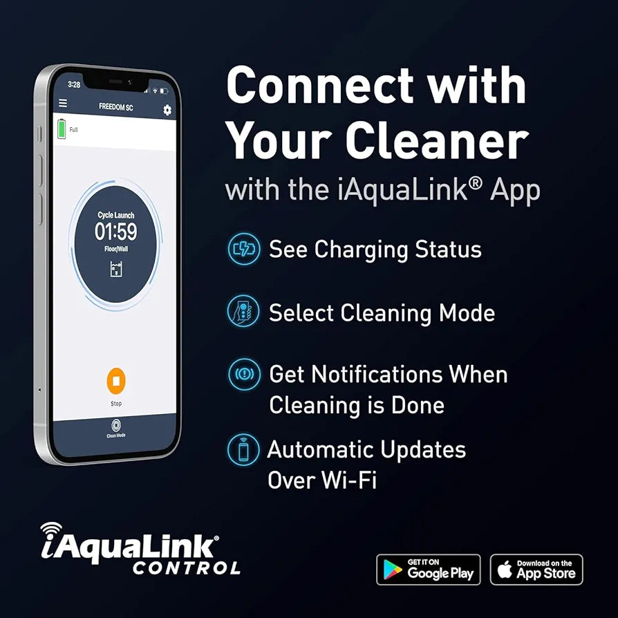 Polaris FREEDOM SC cordless robotic pool cleaner with WiFi connectivity, shown in action on a clean swimming pool floor.