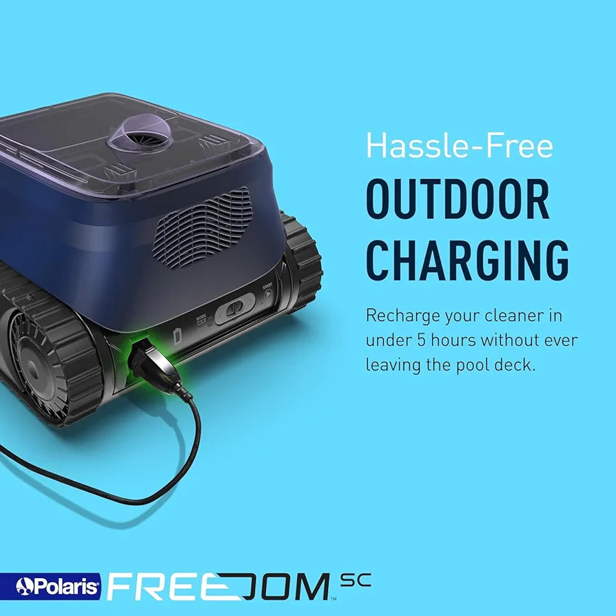 Polaris FREEDOM SC cordless robotic pool cleaner with WiFi connectivity, shown in action on a clean swimming pool surface.