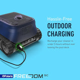 Polaris FREEDOM SC cordless robotic pool cleaner with WiFi connectivity, shown in action on a clean swimming pool surface.