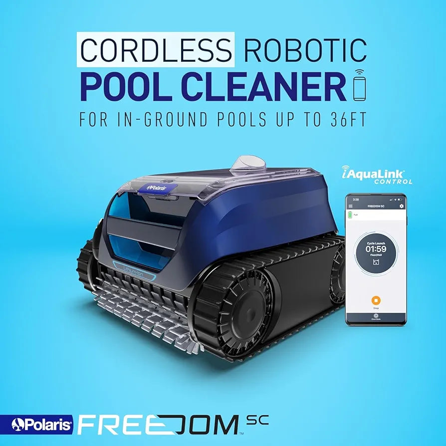 Polaris FREEDOM SC cordless robotic pool cleaner with WiFi connectivity, shown in action on pool floor.
