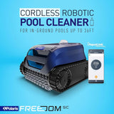 Polaris FREEDOM SC cordless robotic pool cleaner with WiFi connectivity, shown in action on pool floor.