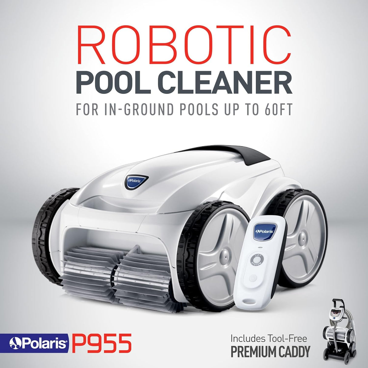 Polaris P955 robotic pool cleaner with remote control on a gray background