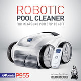 Polaris P955 robotic pool cleaner with remote control on a gray background