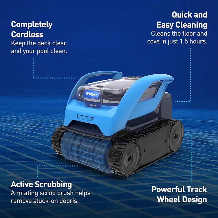 Polaris PIXEL cordless robotic pool cleaner in white with blue accents, designed for automatic pool cleaning.