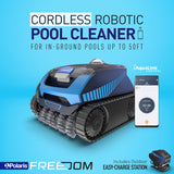 Polaris FREEDOM™ cordless robotic cleaner with sleek design, black and silver finish, and compact size for efficient cleaning.