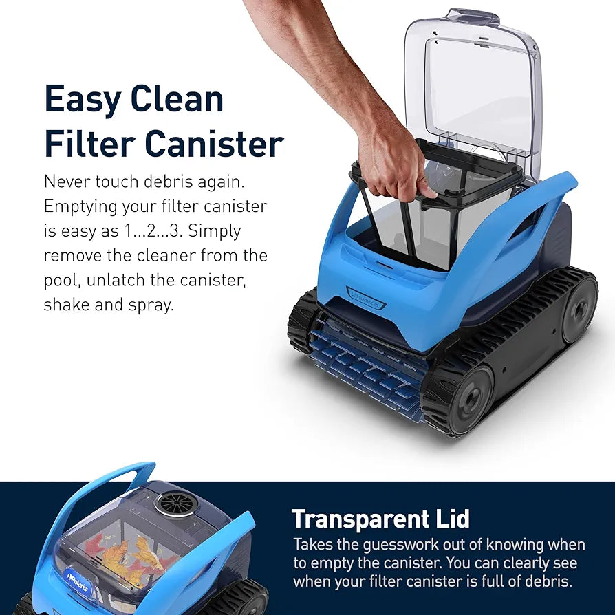 Polaris PIXEL cordless robotic pool cleaner submerged in a swimming pool, showcasing its compact design and cleaning brushes.