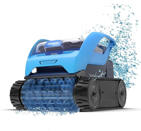 Polaris PIXEL cordless robotic pool cleaner gliding through a clean swimming pool, compact design for efficient pool cleaning.