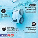 Polaris P955 pool cleaning robot with features highlighted on a blue background