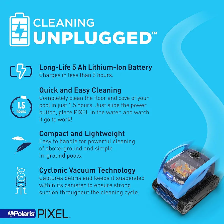 Polaris PIXEL cordless robotic pool cleaner navigating a swimming pool, designed for efficient pool cleaning.