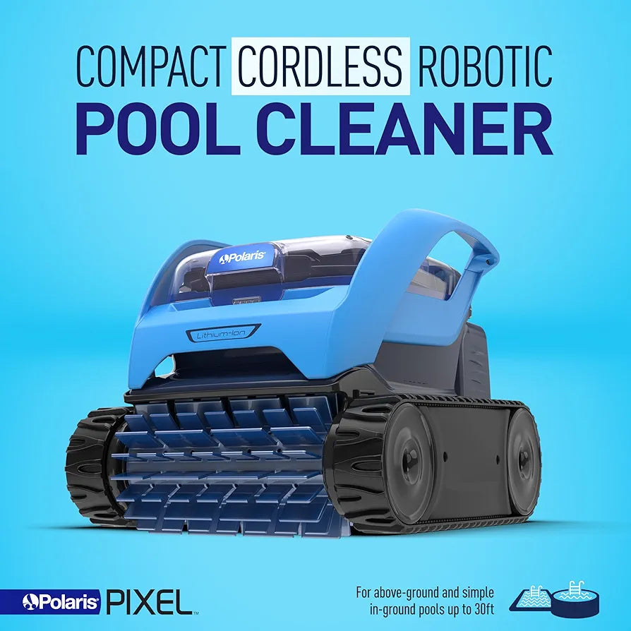 Polaris PIXEL cordless robotic pool cleaner with sleek design and compact body, designed for efficient pool cleaning.
