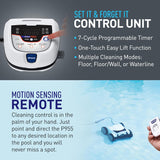 Control unit and motion sensing remote for pool cleaning equipment with features listed.