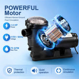 AquaFlow 1 HP above ground pool pump by Aqua Coastal, showing the pump with hoses and control panel in a pool setup.