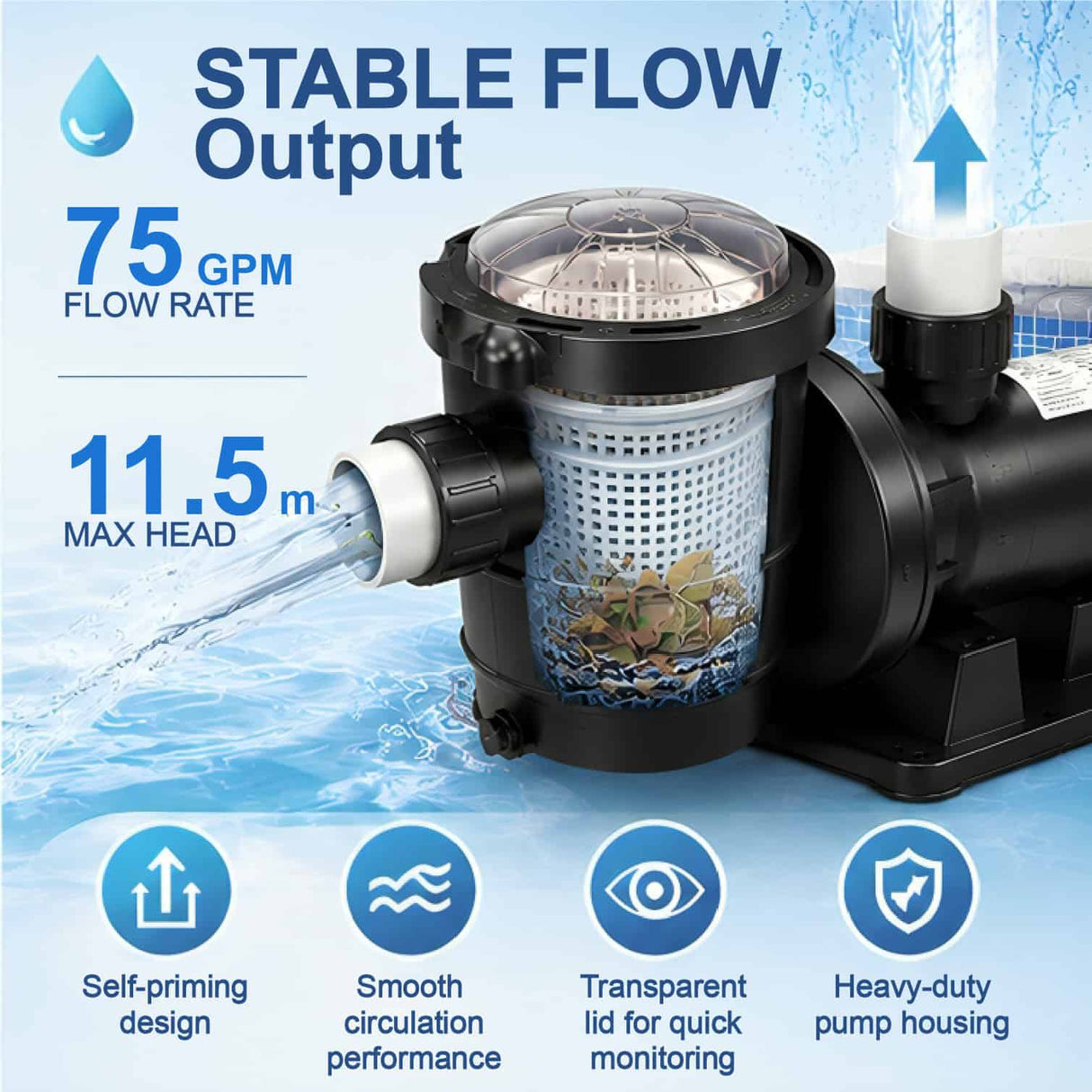 AquaFlow 1 HP above ground pool super pump by Aqua Coastal, showing the pump's motor and inlet connections for efficient water circulation.