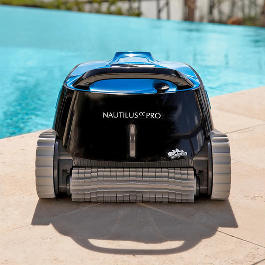 Maytronics Dolphin Nautilus CC Pro robotic pool cleaner navigating a residential pool for efficient cleaning.
