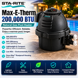 Pentair Sta-Rite Max-E-Therm natural gas pool heater with 200,000 BTU, featuring a compact design and durable performance.