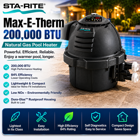 Pentair Sta-Rite Max-E-Therm natural gas pool heater with 200,000 BTU, featuring a compact design and durable performance.