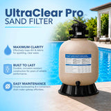K&J Leisure Aqua Coastal UltraClear Pro 19-inch sand filter for pools, shown with slide mechanism and clear viewing area.