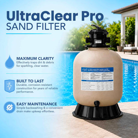 K&J Leisure Aqua Coastal UltraClear Pro 19-inch sand filter for pools, shown with slide mechanism and clear viewing area.