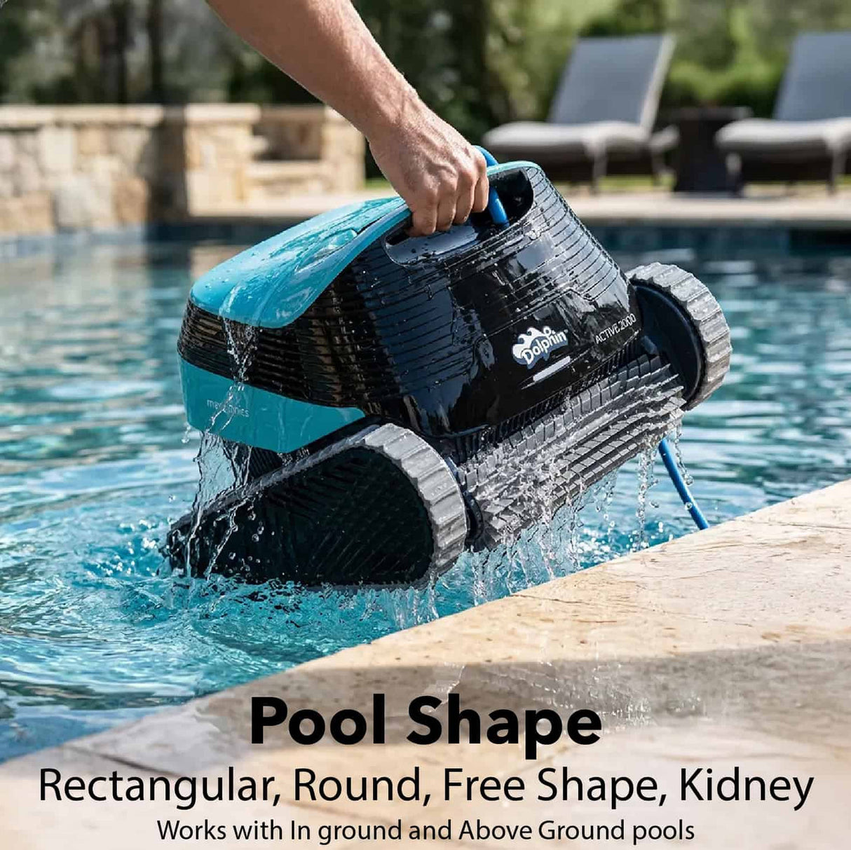 Maytronics Active 2000 cleaner for pools, showing the sleek robotic device with its cleaning brushes and control panel.