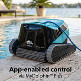 Maytronics Active 2000 Cleaner for pools, showing its compact design and cleaning brushes in action.
