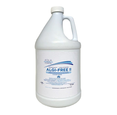Aqua Coastal Algi-Free II-Opening Chemical, 50% strength, pool chemical for algae prevention, in a container with label.