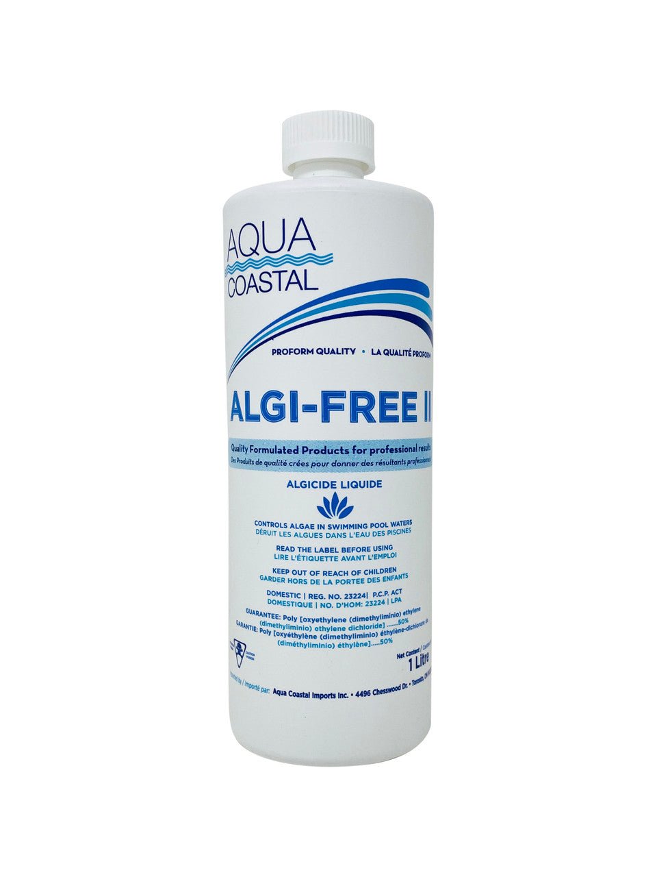 Aqua Coastal Algi-Free II Opening Chemical, 50% strength, pool chemical solution in a clear container, designed for algae control.