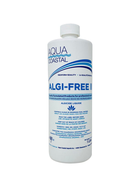 Aqua Coastal Algi-Free II Opening Chemical, 50% strength, pool chemical bottle with label, used for algae prevention in swimming pools.