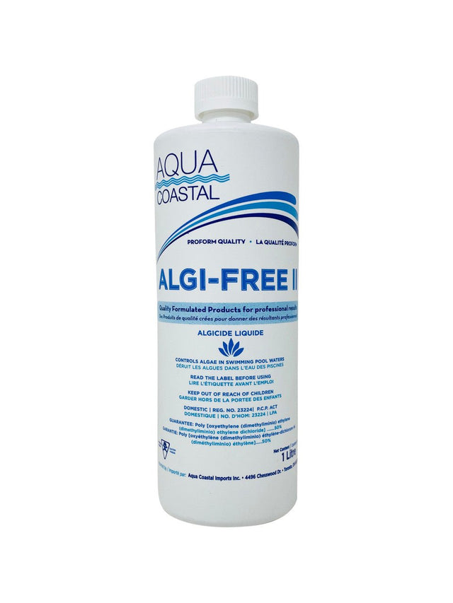 Aqua Coastal Algi-Free II Opening Chemical, 50% strength, pool chemical solution in a clear container, designed for algae control.