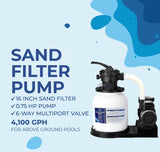 Aqua Coastal 16-inch sand filter with 0.75 HP above-ground pump for pool filtration, shown with pump and filter components.