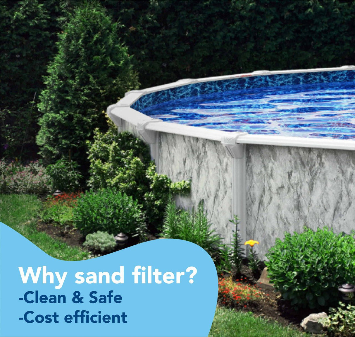 Aqua Coastal 16-inch sand filter with 0.75 HP pump for above-ground pools, showing the filter and pump system in a backyard setting.