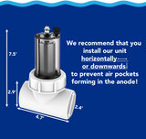 Aqua Coastal inline zinc anode for salt water pool systems, part of plumbing components, with a metal rod and mounting hardware.
