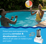 Aqua Coastal inline zinc anode for salt water pool systems, part of plumbing components, with metal construction and mounting hardware.