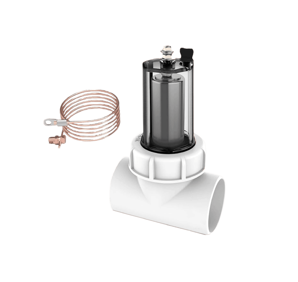 Aqua Coastal inline zinc anode for salt water pool systems, showing a metal corrosion-resistant part for pool plumbing.